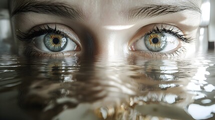 Two eyes reflect a submerged home interior, double exposure capturing the water damage, focusing on the importance of insurance in disaster recovery