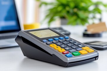 A close-up of a modern payment terminal on a desk, showcasing technology in financial transactions and business operations.