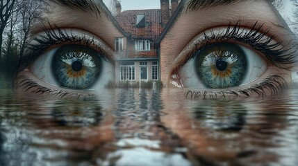 Water damage throughout a home, floodwater rising, and two eyes in double exposure, portraying the urgency and importance of home insurance