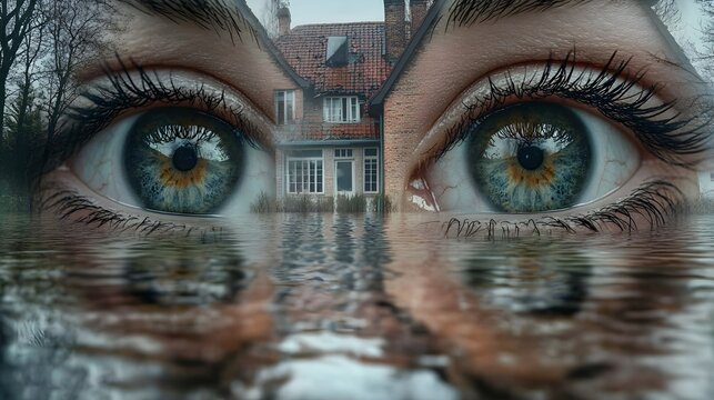 Water damage throughout a home, floodwater rising, and two eyes in double exposure, portraying the urgency and importance of home insurance