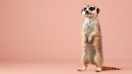 Fototapeta premium A 3D meerkat standing upright on its hind legs, with a soft pastel background on the right, representing the watchful nature of these zoo animals