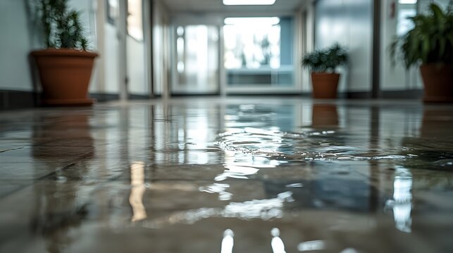 Water leaking from damaged office ceiling, creating puddles on the floor. Capture the urgency of documenting the incident for insurance