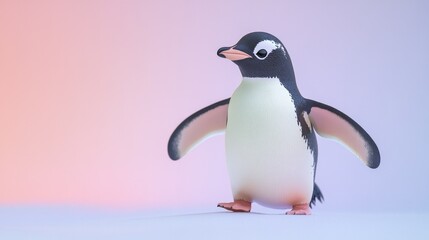 Fototapeta premium A 3D penguin waddling adorably with a soft pastel background on the right, symbolizing the charm and playfulness of these zoo birds