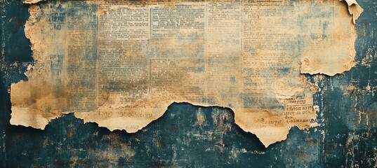 Vintage Newspaper Clippings Arranged Artistically on a Textured Blue Wall With Peeling Paint