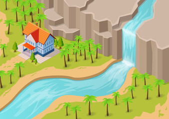 Isometric beautiful waterfall and river