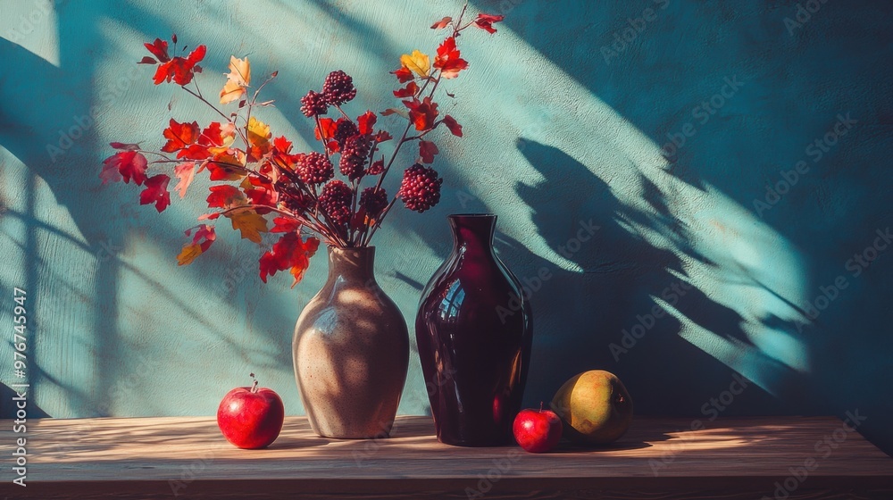 Poster Two vases with flowers and apples on a table