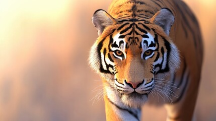 A 3D tiger with intense focus, prowling against a soft pastel background, representing the grace and might of these zoo creatures