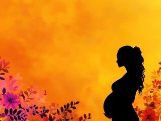 A beautiful silhouette of a pregnant woman surrounded by colorful flowers against a vibrant orange backdrop.