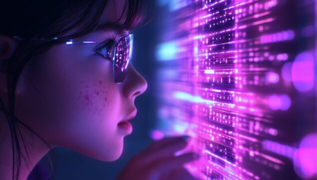 close-up of young girl examining data on digital screen with purple glowing lights 