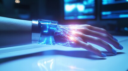 human hand with a pulse monitor wrapped around the wrist, veins lightly showing beneath the skin, realistic yet slightly abstract, angled side view, hand hovering over a glowing white medical table,