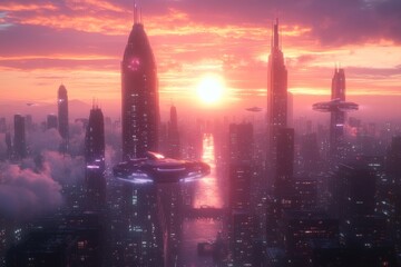Obraz premium Futuristic Skyline at Sunset With Hovering Vehicles Above a Bustling Metropolis