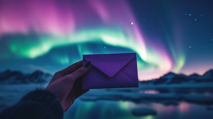 A hand holding a purple envelope against a backdrop of the aurora borealis, with mountains and a frozen lake visible in the background.