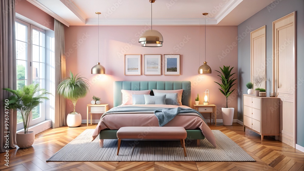 Wall mural a well-lit bedroom featuring a large bed with teal and pink bedding, flanked by two nightstands and 