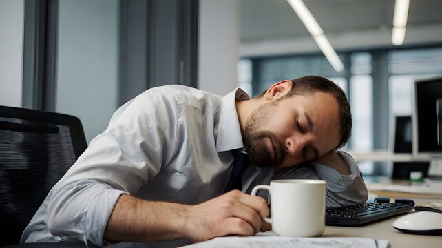 A man sleeping on the table with a coffee mug in the modern workplace setting