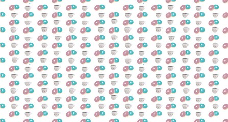 Seamless cartoon pattern with donuts on white background. a seamless pattern of pink and blue donuts.A seamless pattern featuring donuts and coffee cups