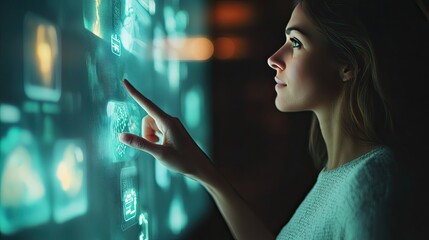 A woman interacts with a futuristic interface. This photo can be used for projects about technology, innovation, and the future.