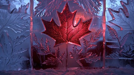 A Canadian flag made from ice, intricately carved and displayed in an ice sculpture exhibition, with subtle lighting highlighting the frozen details.