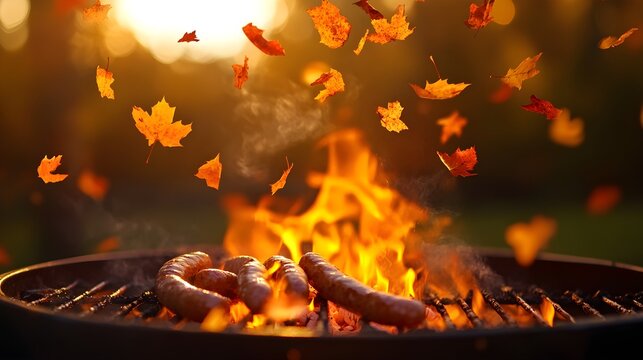 Forest cookout at sunset, fire pit with grilled sausages, leaves falling in slow motion, autumn colors, surreal atmosphere, watercolor technique