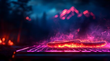 Fototapeta premium Futuristic BBQ setup with a holographic grill, glowing sausages and vegetables, smoke trails forming digital patterns, scenic mountain view with neon-lit peaks, cyberpunk style