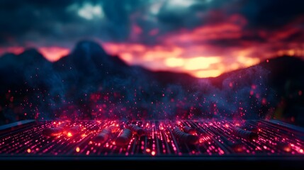 Fototapeta premium Futuristic BBQ setup with a holographic grill, glowing sausages and vegetables, smoke trails forming digital patterns, scenic mountain view with neon-lit peaks, cyberpunk style