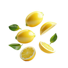 Fresh lemons and green leaves isolated on a black background