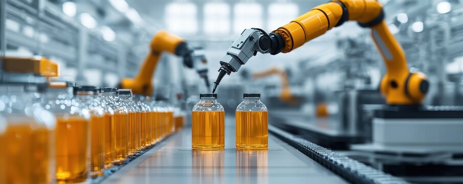 An industrial robotic arm filling bottles with orange liquid on a production line in a modern factory setting.