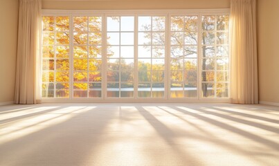Fototapeta premium Bright and Airy Living Space With Large Windows Showcasing Autumn Views by the Lake