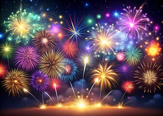 Naklejka premium Fireworks on the dark sky background. Colorful fireworks. Abstract colored firework background with free space for text. fireworks light up the night sky