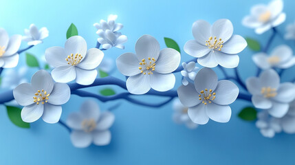Obraz premium Delicate white flowers bloom against a soft blue background, creating a serene and calming atmosphere for any design project.