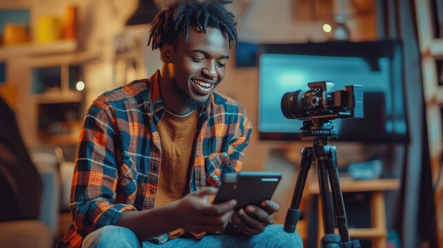 Man smiling and reviewing video footage. Perfect for articles about filmmaking, content creation, and media.