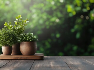 Fototapeta premium A serene arrangement of decorative plants in pots against a soft, blurred green background, perfect for nature and decor themes.