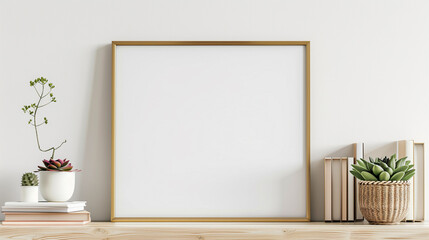 Home interior poster mock up with horizontal metal frame, succulents in basket and pile of books on white wall background. 3D rendering.