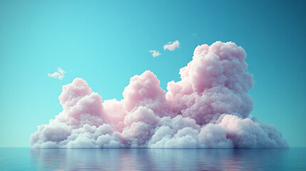 A serene scene featuring a vibrant pink cloud floating over a calm ocean under a clear blue sky, evoking tranquility and wonder.