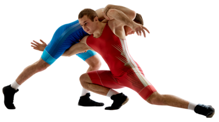 Two strong and skilled wrestlers in blue and red wrestling uniform are wrestling and doing grapple against transparent background. Concept of fair wrestling, championship, win competition.