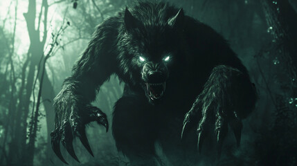 A werewolf with sharp claws and glowing yellow eyes emerging from the shadows of a dilapidated barn.