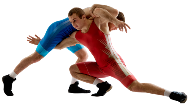 Two strong and skilled wrestlers in blue and red wrestling uniform are wrestling and doing grapple against transparent background. Concept of fair wrestling, championship, win competition.