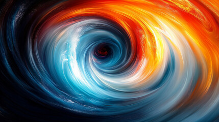 A vivid swirling motion of colors, blending orange and blue, evoking a dynamic energy and cosmic wonder.
