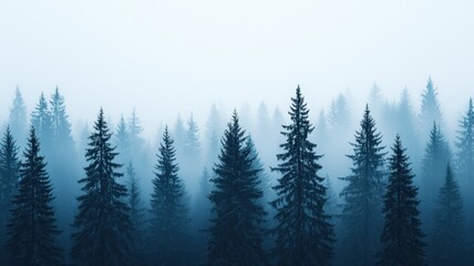 Fototapeta premium A serene, misty forest scene with tall dark trees creating a tranquil atmosphere in soft blue hues.