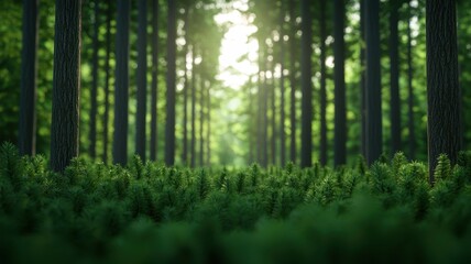 Fototapeta premium A serene forest scene with lush greenery and sunlight filtering through tall trees, creating a peaceful atmosphere.