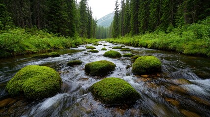 Obraz premium A serene forest stream with moss-covered rocks, surrounded by lush greenery and towering trees, evoking tranquility and nature's beauty.