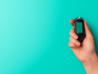A hand holding a timer against a vibrant turquoise background, symbolizing measurement, time management, and precision.