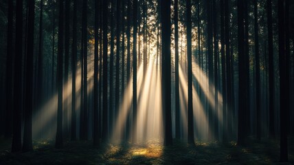 Fototapeta premium Golden rays of sunlight pierce through tall trees in a serene forest, creating a magical and tranquil atmosphere.