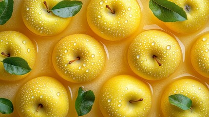 A vibrant arrangement of yellow apples adorned with water droplets and green leaves, creating a fresh and inviting display against a light background