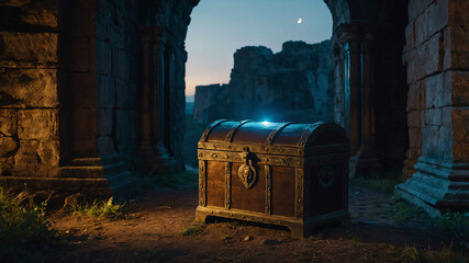 Enchanted chest glowing softly near an ancient ruin entrance