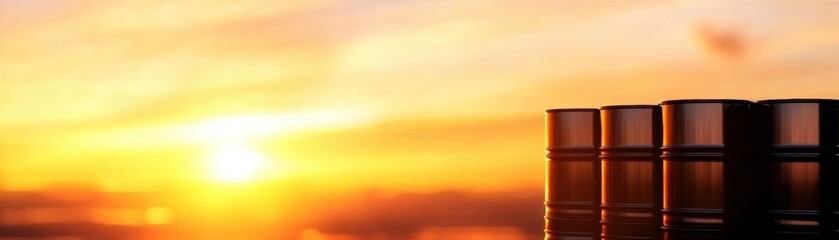 Fototapeta premium A stunning sunset view with silhouettes of barrels against a vibrant sky, perfect for energy and industrial themes.