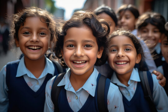 indian school children group in uniform smiling - Powered by Adobe