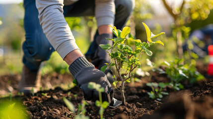 Fototapeta premium Person planting trees or working in community garden promoting local food production and habitat restoration, concept of Sustainability and Community Engagement.