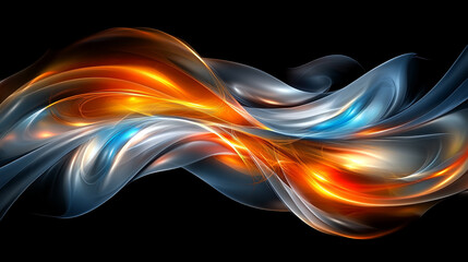 A stunning abstract wave of vibrant colors, blending shades of orange, blue, and silver on a dark background.