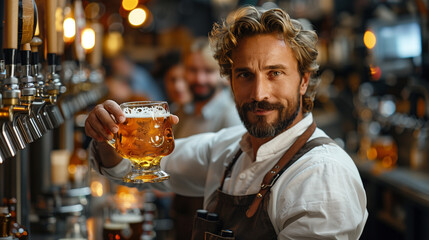 Control quality of craft beer, Expert brewer in apron holds glass and checking color. Worker man sommeliers taste drink on brewery factory.