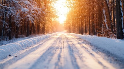 Obraz premium A tranquil snowy road surrounded by frosty trees, illuminated by a warm sunrise in a serene winter landscape.